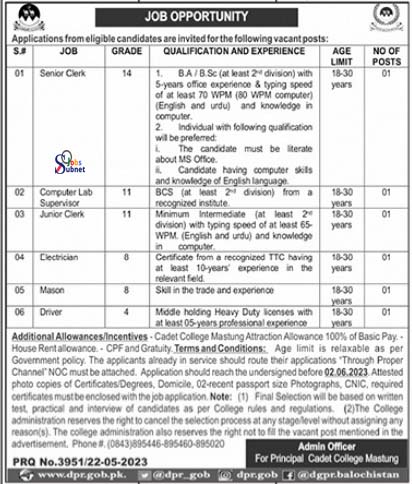 Vacant Post At Cadet College – New Government Jobs 2023