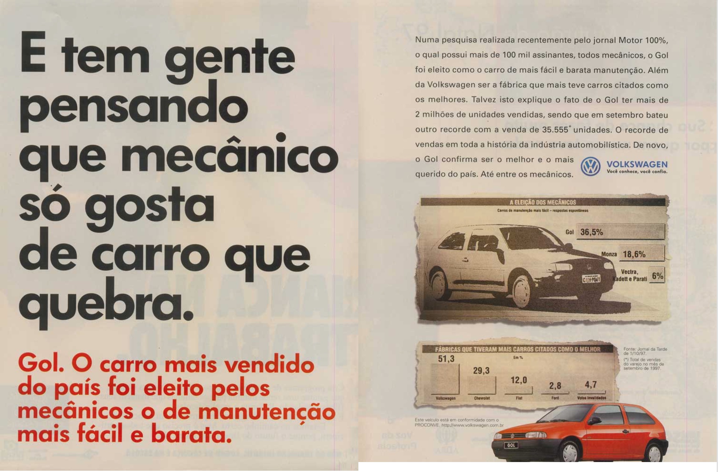 Anúncio de 1997 promovia a baixa manutenção necessária no Gol da Volkswagen
