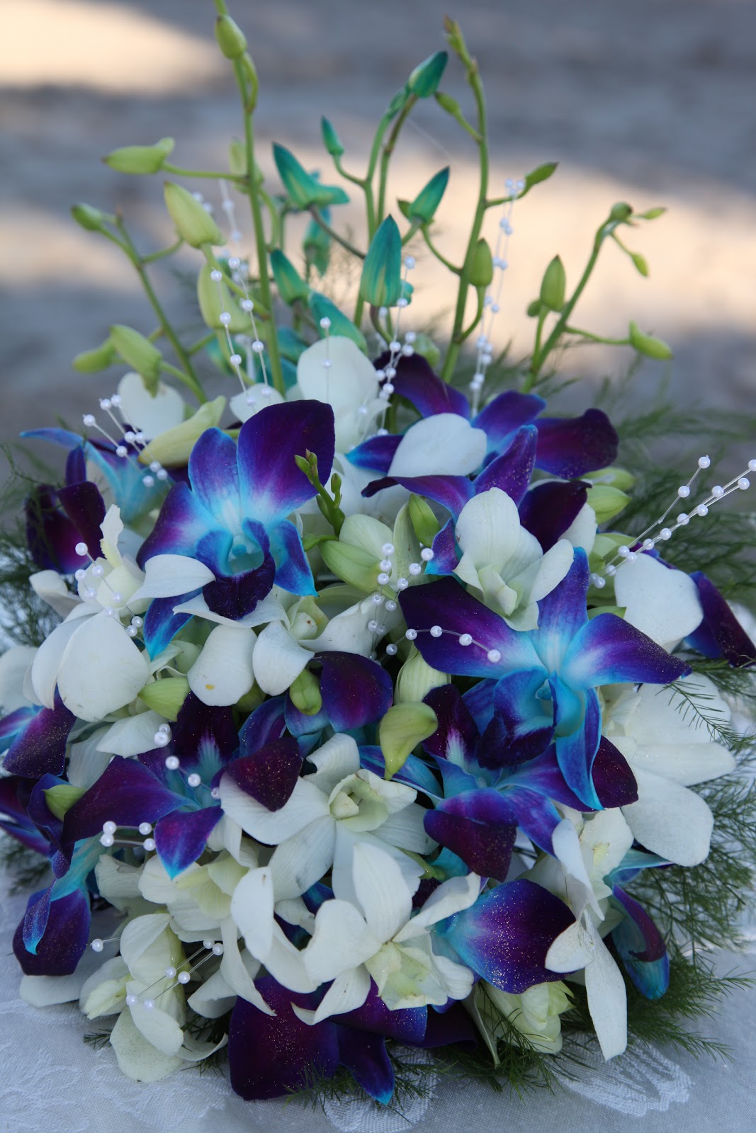white and blue orchids bouquet
