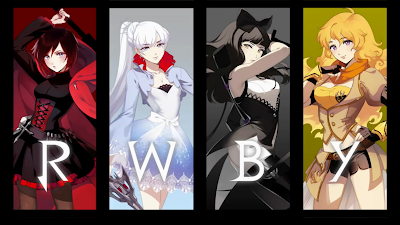 A drawing of each of the main characters with their associated letter (Ruby, Weiss, Blake, and Yang).