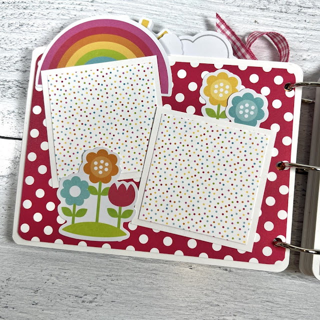 Spring Scrapbook Album Page with flowers, rainbows, and polka dots