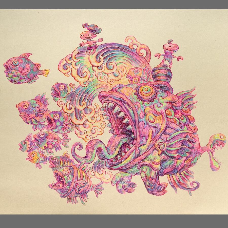 07-The-school-of-fish-Creature-Drawings-Masanori-Sato-www-designstack-co