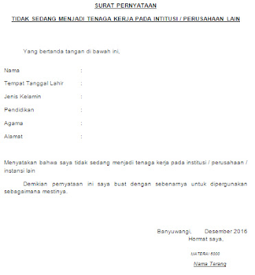 SURAT PERNYATAAN TIDAK SEDANG MENJADI TENAGA KERJA PADA INTITUSI / PERUSAHAAN LAIN