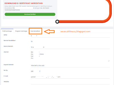 Download Sertifikat Akreditasi PAUD PNF Melalui Menu Hasil Akreditasi