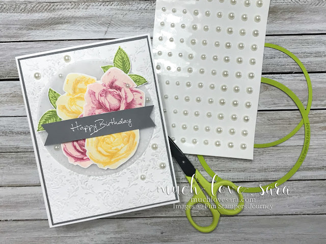 This pretty handmade birthday is made using Fun Stampers Journey Summer Rose stamp set, and Sentimental Prints stamp set.  The addition of a bit of Brushed Silver Pan Pastel highlights the dimension of the dry embossing.