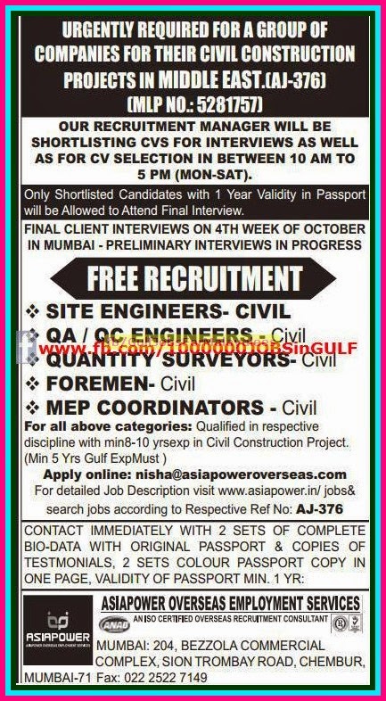 Civil Construction Project Jobs for Middle East - Free Recruitment