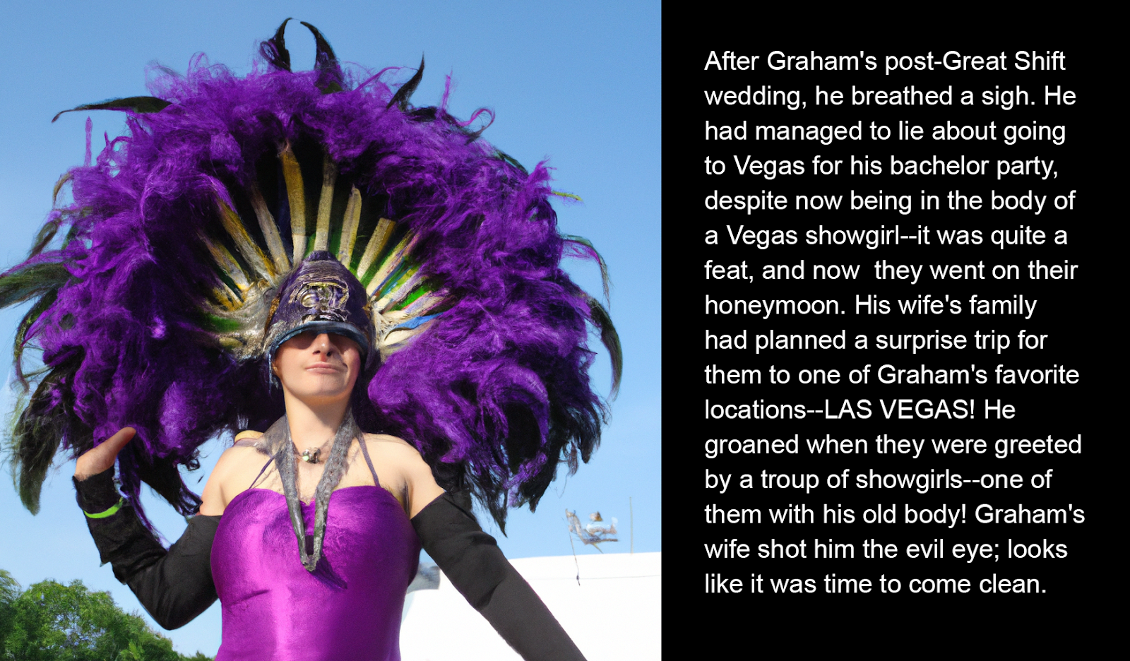 After Graham's post-Great Shift wedding, he breathed a sigh. He had managed to lie about going to Vegas for his bachelor party, despite now being in the body of a Vegas showgirl--it was quite a feat, and now  they went on their honeymoon. His wife's family had planned a surprise trip for them to one of Graham's favorite locations--LAS VEGAS! He groaned when they were greeted by a troup of showgirls--one of them with his old body! Graham's wife shot him the evil eye; looks like it was time to come clean.