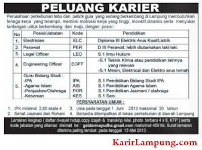 Lowongan Electrician, Perawat, Legal Officer, Engineering Officer dan Guru di Perkebunan Tebu di Lampung