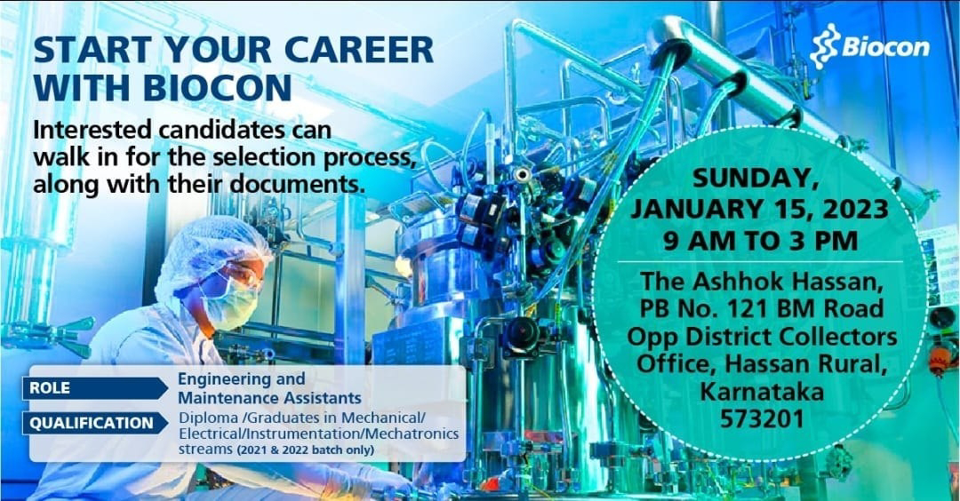 Job Availables, Biocon Walk In Interview For Diploma /Graduates in Mechanical/Electrical/Instrumentation/ Mechatronics