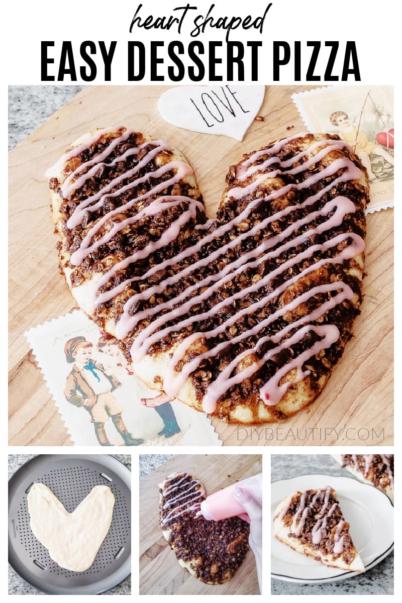 heart shaped dessert pizza with pink drizzled frosting