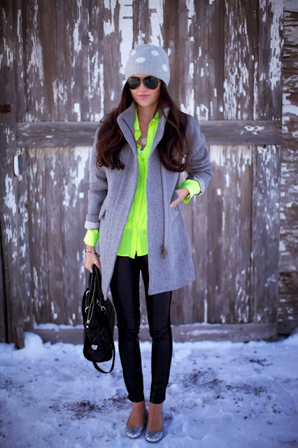 Neon Shirt With Grey Long Coat And Leather Leging