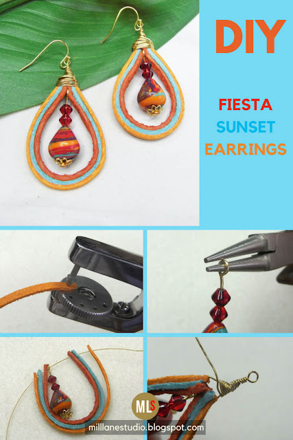 Tutorial showing how to punch the suede lace, string it with the beads and wrap it with wire to make the Fiesta Sunset earrings.
