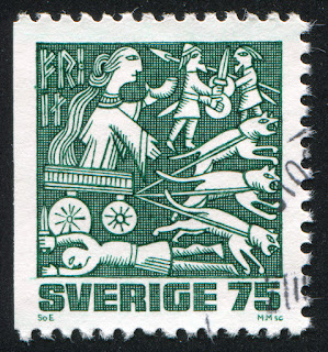 1981 Sweden stamp showing Freya in chariot pulled by cats