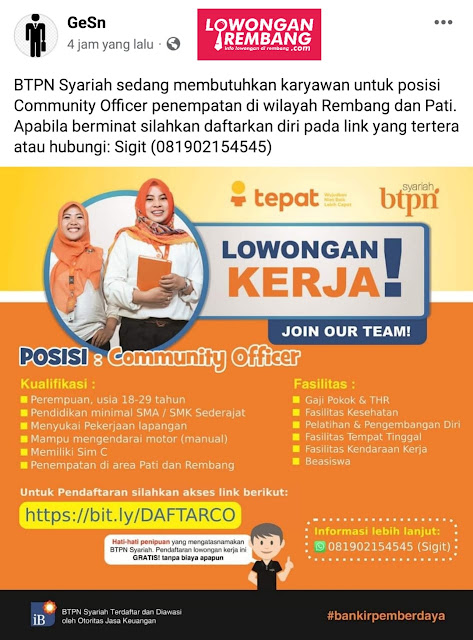 Lowongan Kerja Pegawai Community Officer Bank BTPN Syariah Rembang