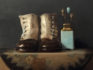 oil painting, antique shoes, hat pins