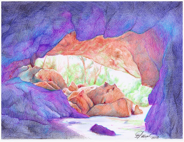 art by Birgitte Tümmler in ballpoint pen / biro - Bacaetava Cave - Brazil