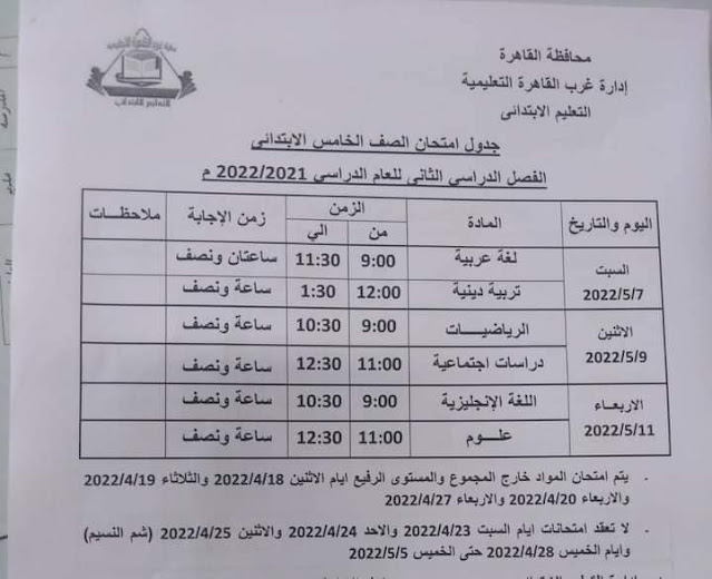 محافظة القاهرة : جدول امتحانات الصف الرابع والخامس والسادس الأبتدائي 2022 أخر العام