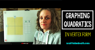 This post includes a video teaching students how to graph quadratic functions in vertex form, a link to a free cheat sheet for students to add to their notebooks and a free graphing quadratics in vertex form task cards activity pdf download.