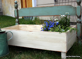 spring flowers, repurposed, gardening, planter ideas, old headboard, flower bed, beyond the picket fence, http://bec4-beyondthepicketfence.blogspot.com/2013/06/planter-parade.html