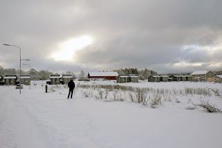 Vår tomt börjar borta vid lyktstolpen. Elskåpet som står där nu är ett byggskåp som inte ska vara kvar när allt är klart.