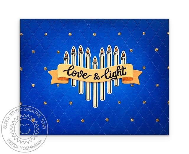 Sunny Studio Blue & Gold Hanukkah Heart Shaped Candles Card (using Love & Light Stamps, Brilliant Banner 1 Dies and Dotted Diamond Landscape Die)