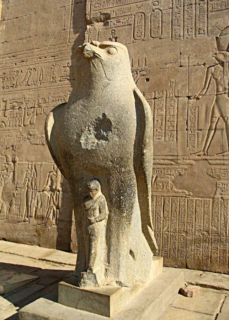 falcon god sculpture at edfu temple in Egypt