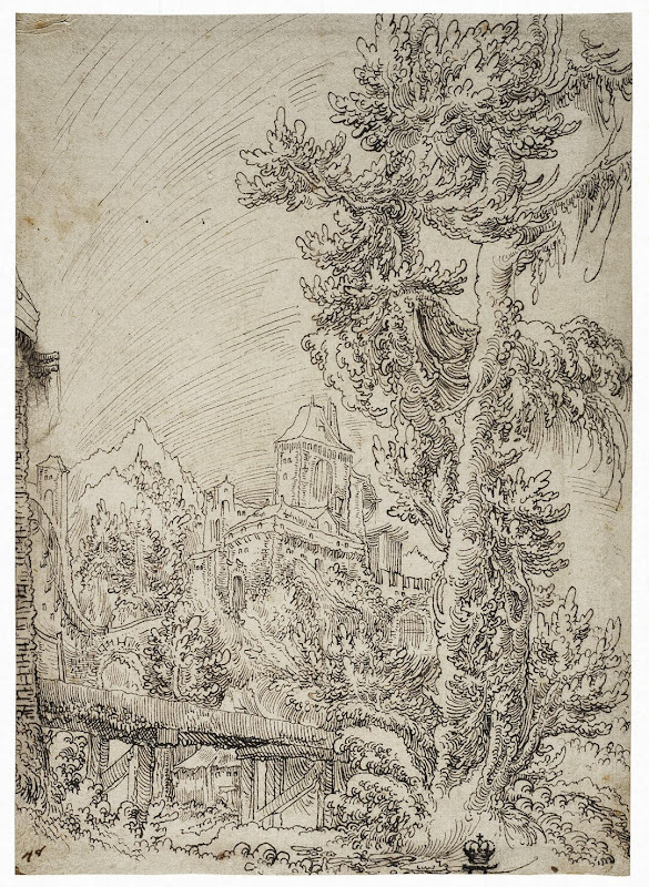 Landscape with a Bridge by Wolf Huber - Landscape drawings from Hermitage Museum