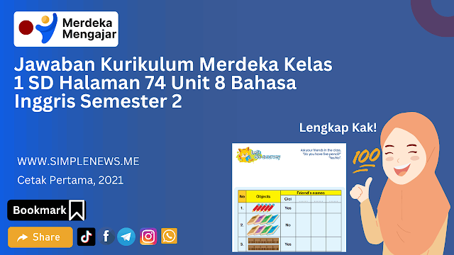 Jawaban Kurikulum Merdeka Kelas 1 SD Halaman 74 Unit 8 Bahasa Inggris Semester 2 www.simplenews.me