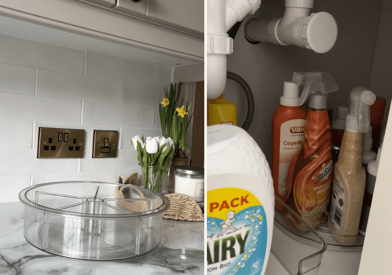 How to organise and store cleaning and household items under your kitchen sink. Using stylish, stackable storage and jars to keep your kitchen tidy