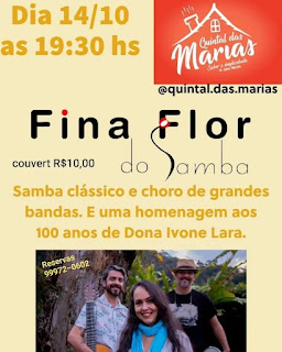 Dia 14-10 têm Fina Flor do Samba no Quintal das Marias