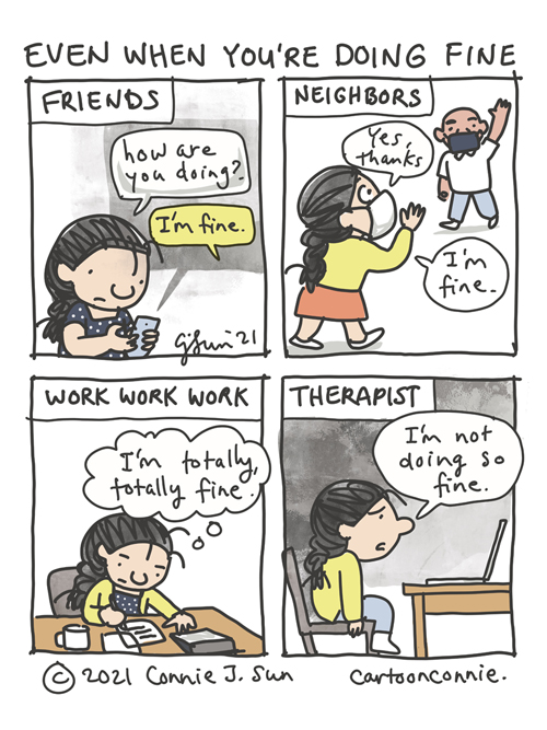 Comic strip about everyday mental health and the role of therapy, by Connie Sun, cartoonconnie, sketchbook cartoon