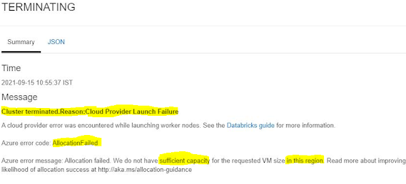 Databricks Cluster Termination due to lack in Allocation of Resources