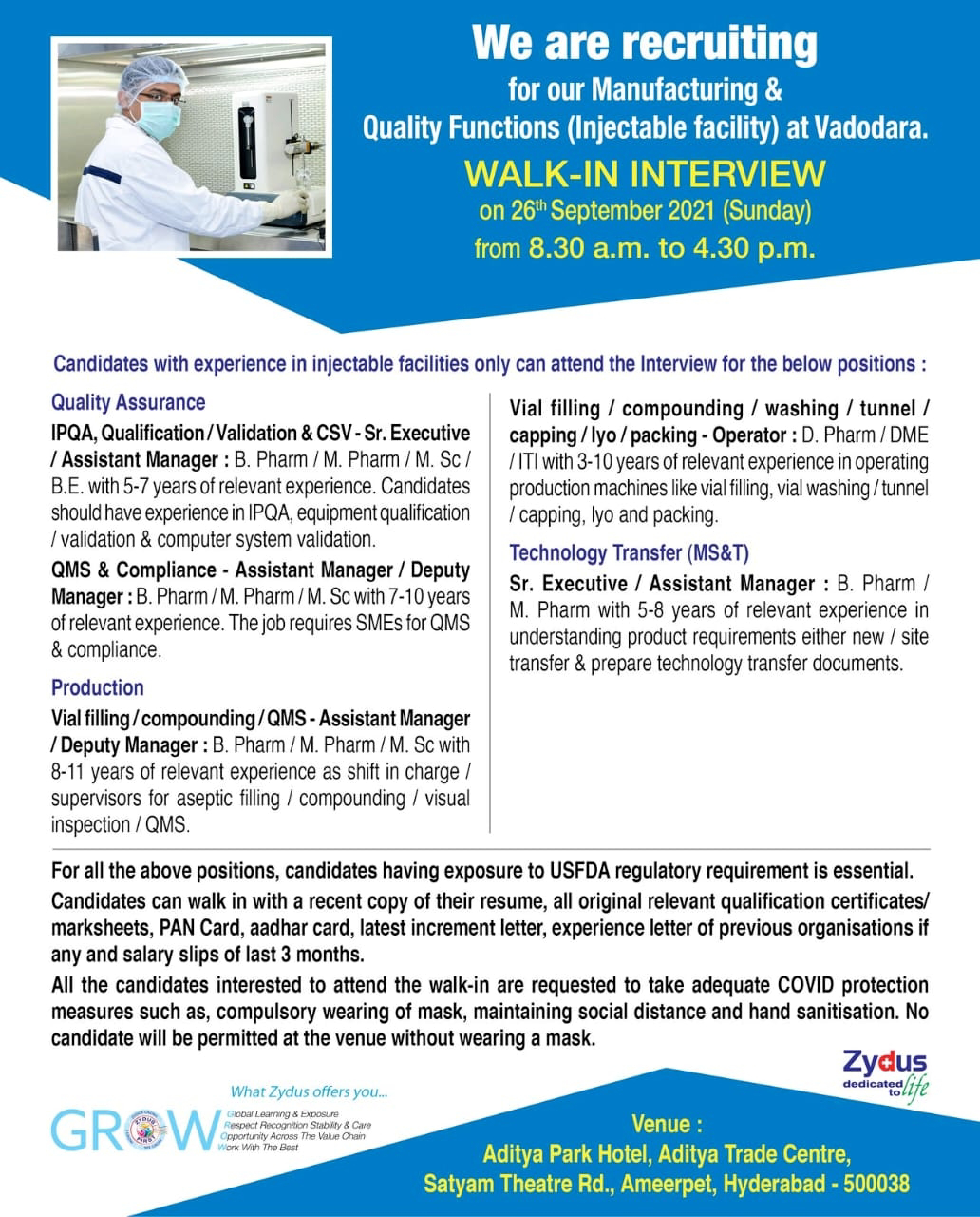 Job Availables,Zydus Walk In Interview For IPQA/ QMS/ Production/ Technology Transfers/ Packing- Multiple Opening