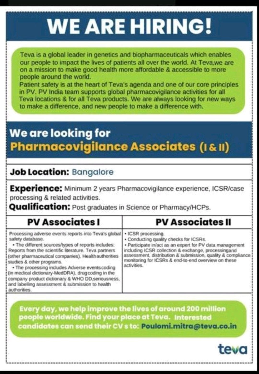 Job Availables, Teva's Limited Job Vacancy For Post graduates in Science or Pharmacy/ HCPS.