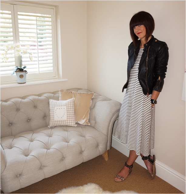 My Midlife Fashion, Zara floaty stripe dress, zara leather biker jacket, leopard print studded sandals