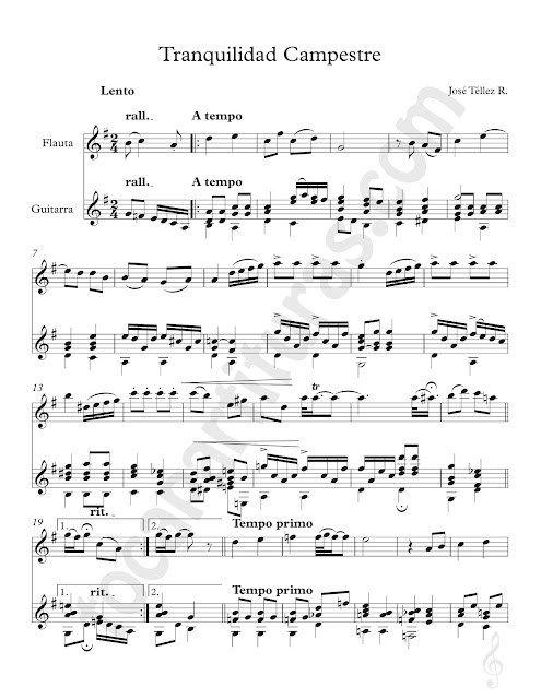  Tranquilidad Campestre Partitura de Dúo Flauta e Instrumentos en Clave de Sol Afinados en Do (Violín, Oboe...) y Guitarra Clásica Sheet Music for Flute (Treble Clef Instruments in C) & Guitar Duet