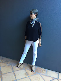 white denims, black blouse, stiletto shoes, vintage scarf
