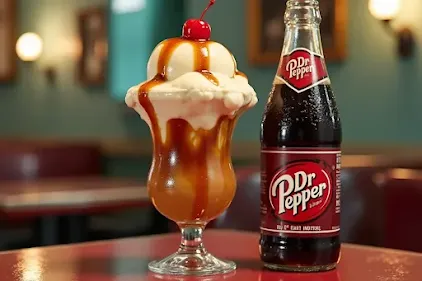 Dr. Pepper ice cream in a vintage soda glass with syrup drizzle, retro diner style