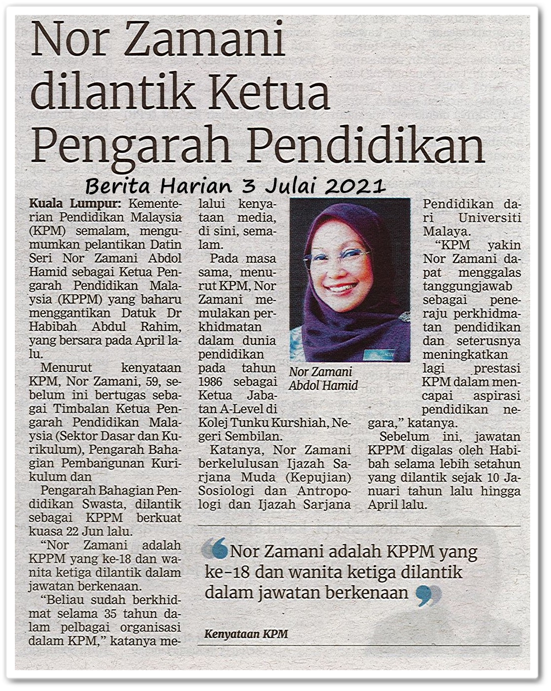 Nor Zamani dilantik Ketua Pengarah Pendidikan - Keratan akhbar Berita Harian 3 Julai 2021