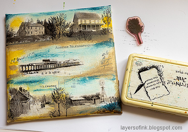 Layers of ink - Architecture Mixed Media Canvas by Anna-Karin Evaldsson. Stamp trees with Simon Says Stamp All Seasons Tree.