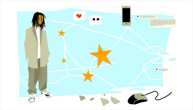 A fresh minimalist, abstract illustration featuring a casually dressed Japanese man with dreadlocks experiencing a day of surprising reconnections. This scene should visually narrate the unexpected messages from past acquaintances, symbolized by abstract representations of a broken mouse, to signify the day's initial frustration, alongside symbols such as phones and chat bubbles to depict the renewed communication. Incorporate elements that might hint at the stars' alignment or destiny, like abstract star patterns or interconnected lines, to reflect on whether the day's events are tied to his recent resolution to value and expand his relationships. Ensure this illustration is unique and does not replicate any previously provided imagery, focusing on the theme of serendipitous encounters and the contemplation of their significance.