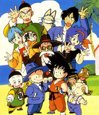original Dragon Ball 80's characters  Tien Shinhan, Puar, Yamcha, Bulma, Master Roshi, Launch, Tortoise Genie, Chiaotzu, Krillin, Goku, and Oolong