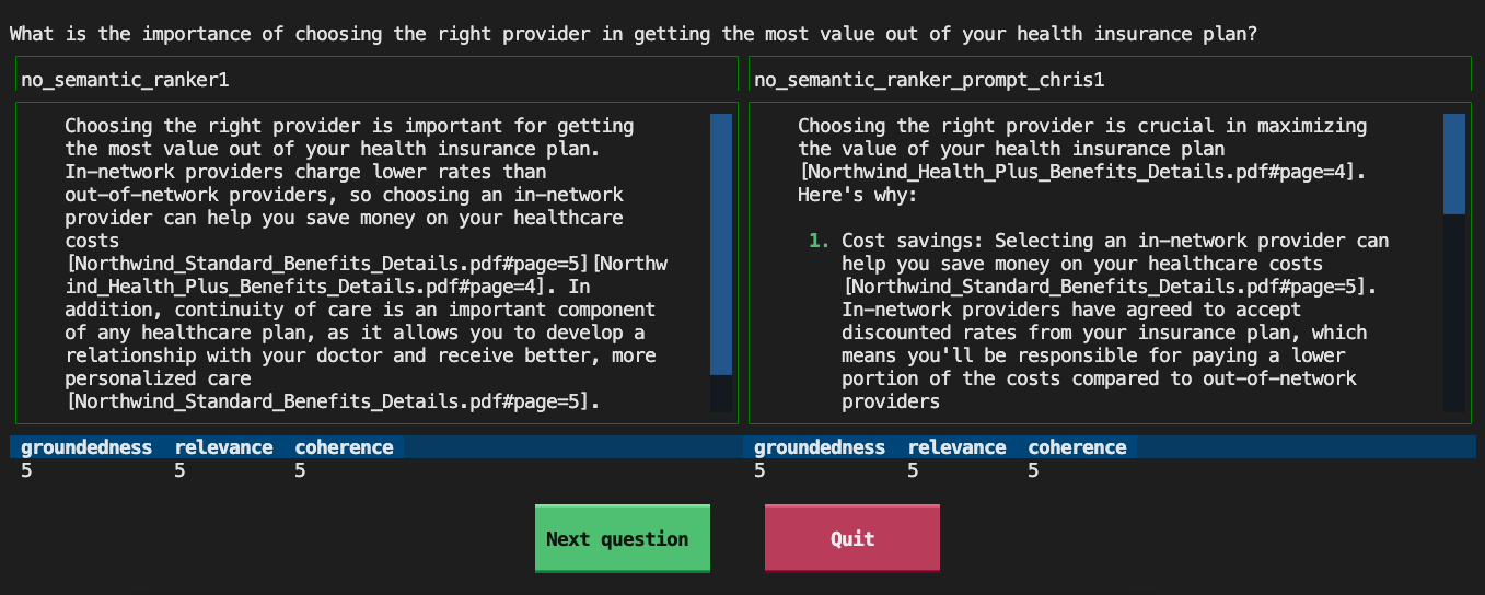 Screenshot of compare tool showing answers side by side with GPT metrics below