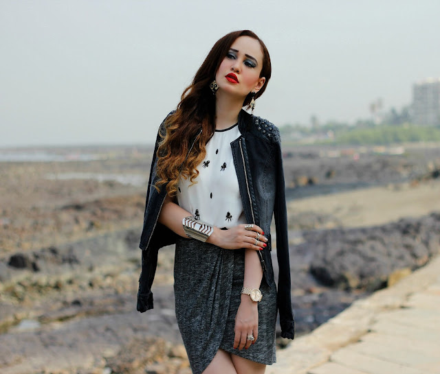 ONLY Denim Biker Jacket, Embellished White Top, Grey Drape Skirt, edgy Party Look, Silver Cuff Bracelet