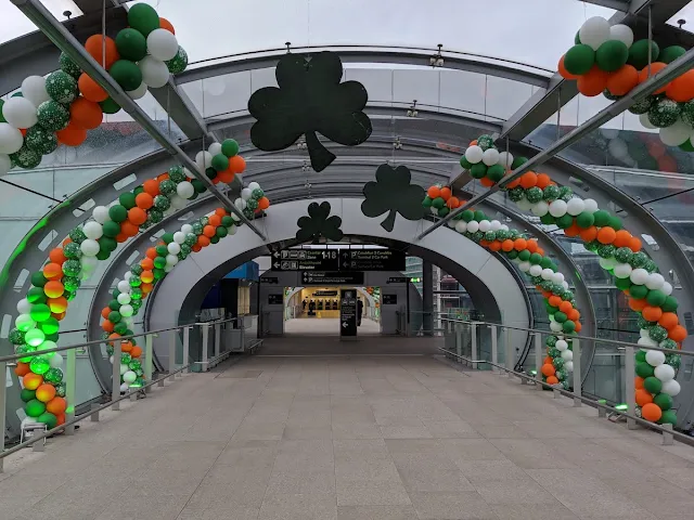 Arrivals Hall at Dublin Airport decorated for St. Patrick's Day in March