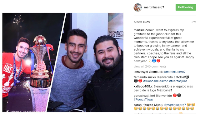 Martin Lucero berterima kasih pada JDT di Instagram