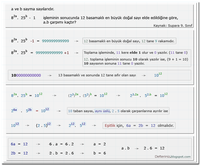 Örnek soru 3 » Üslü denklemler » basamaklı doğal sayı (Kaynak: Supara 9. Sınıf).