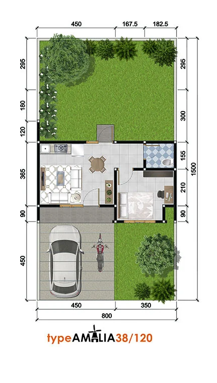 Denah rumah minimalis ukuran 8x15 meter 1 kamar tidur 1 lantai