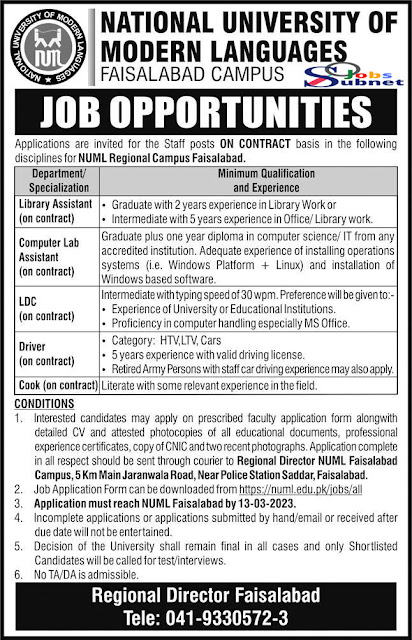 New NUML University Faisalabad Campus Jobs Advertisement 2023