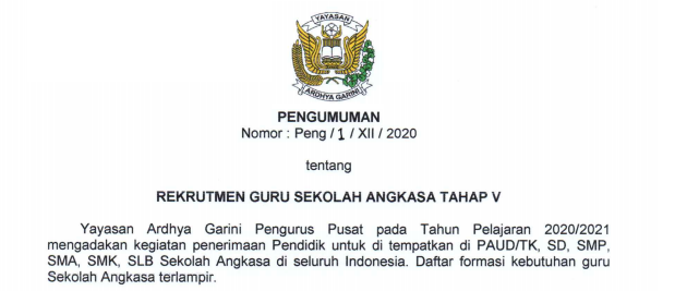 Rekrutmen Guru Sekolah Angkasa Tahap V Yayasan Ardhya Garini (TNI AU) Tahun 2020